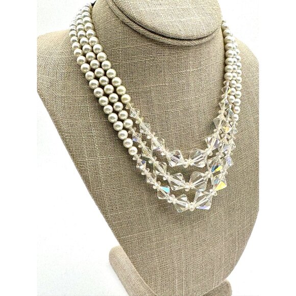 3 Stand Faceted Glass Beads And Faux Pearls Vintage - Picture 1 of 5